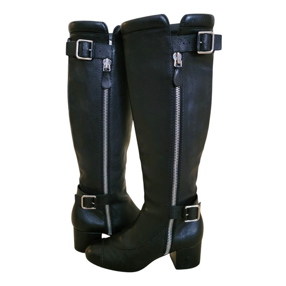 Chanel Black CC Tall Knee Length Logo Leather Riding Boots Block Heel 6 36.5 - Picture 1 of 13